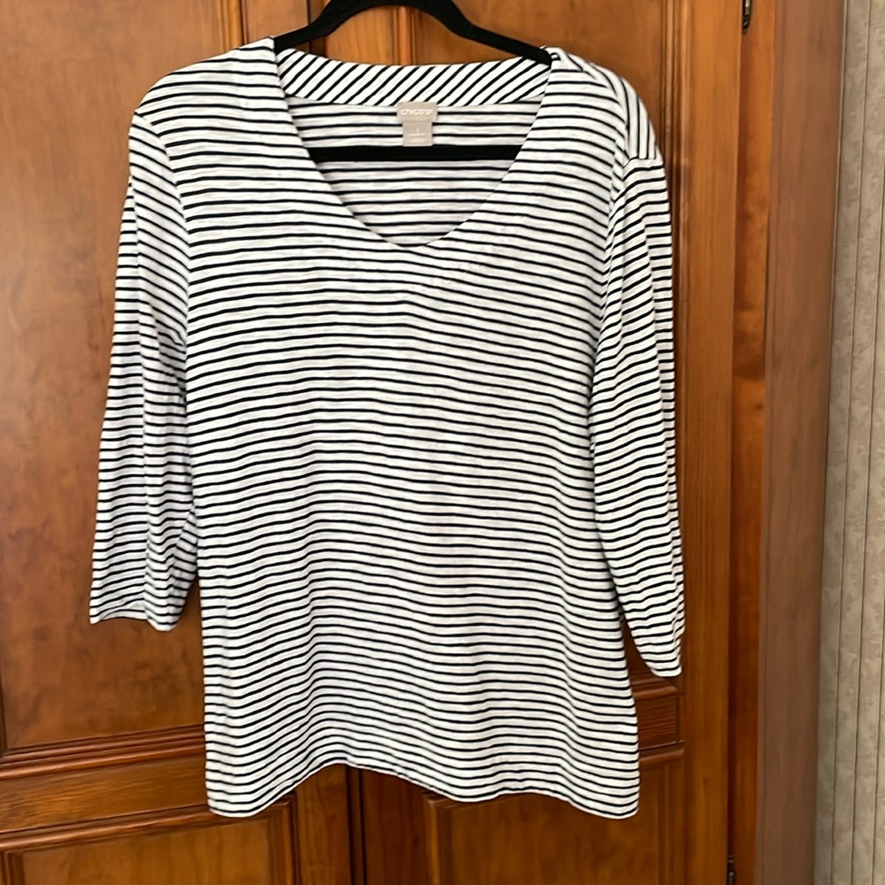 Chico’s size XL navy striped 3/4 sleeve Tee Shirt